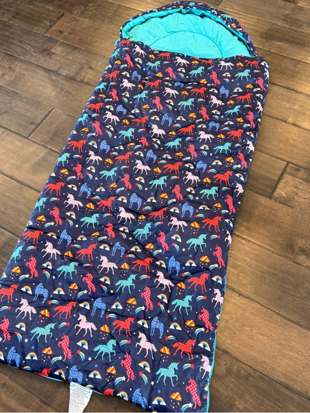 Unicorn Print Navy Kids Sleeping Sack with Teal Lining